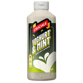 Crucials - Yoghurt & Mint Sauce - 500ml with a white cap, green and black label, and white text; ideal as a dipping sauce or salad dressing.